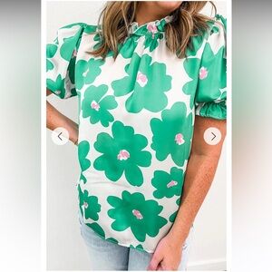 Floral Green and White Women's Top